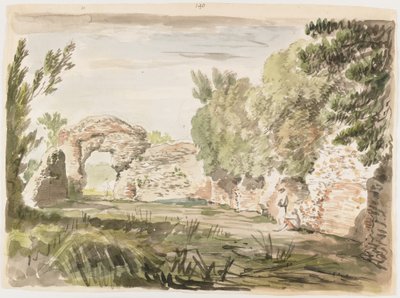 Landschaft mit Bäumen, Ruine und drei Figuren von Carlo Labruzzi